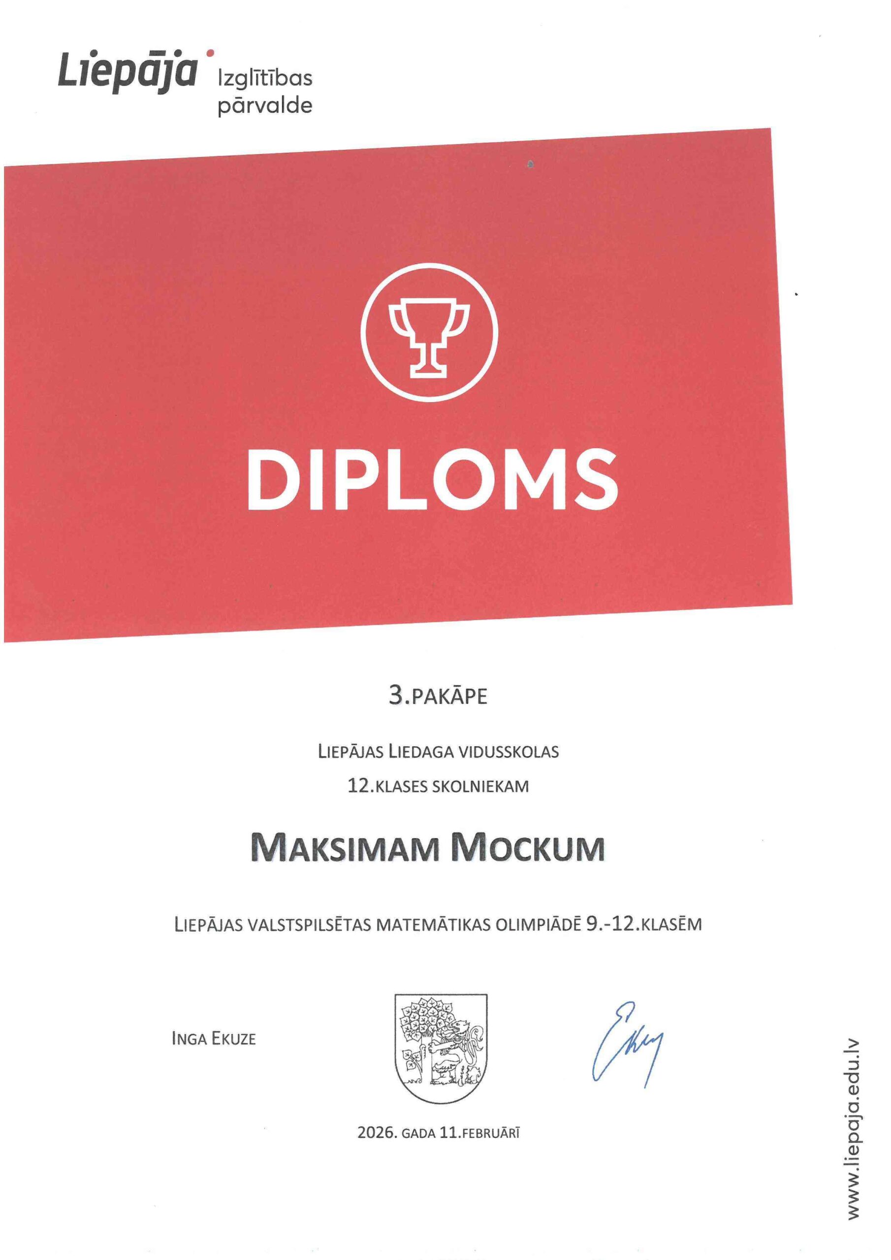 You are currently viewing Diplomi Liepājas pilsētas 📐matemātikas olimpiādei 9. – 12.klasei