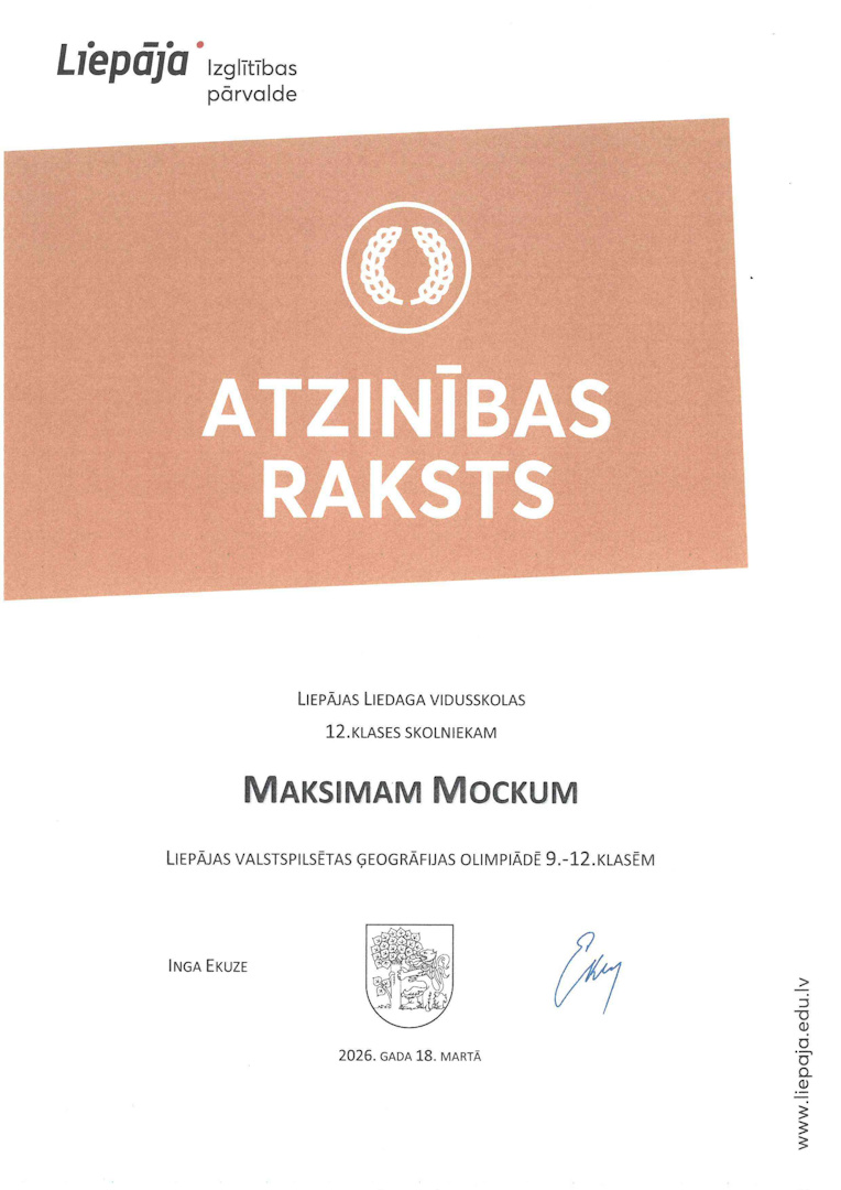 Read more about the article Atzinības Liepājas valstspilsētas 🌍ģeogrāfijas olimpiāde 9.-12. klasēm