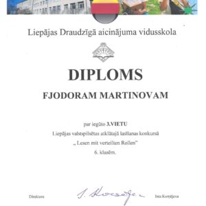Read more about the article 🥉vietas Liepājas valstspilsētas atklātajā lasīšanas konkursā “Lesen mit verteilen Rollen” 6.klasēm📖