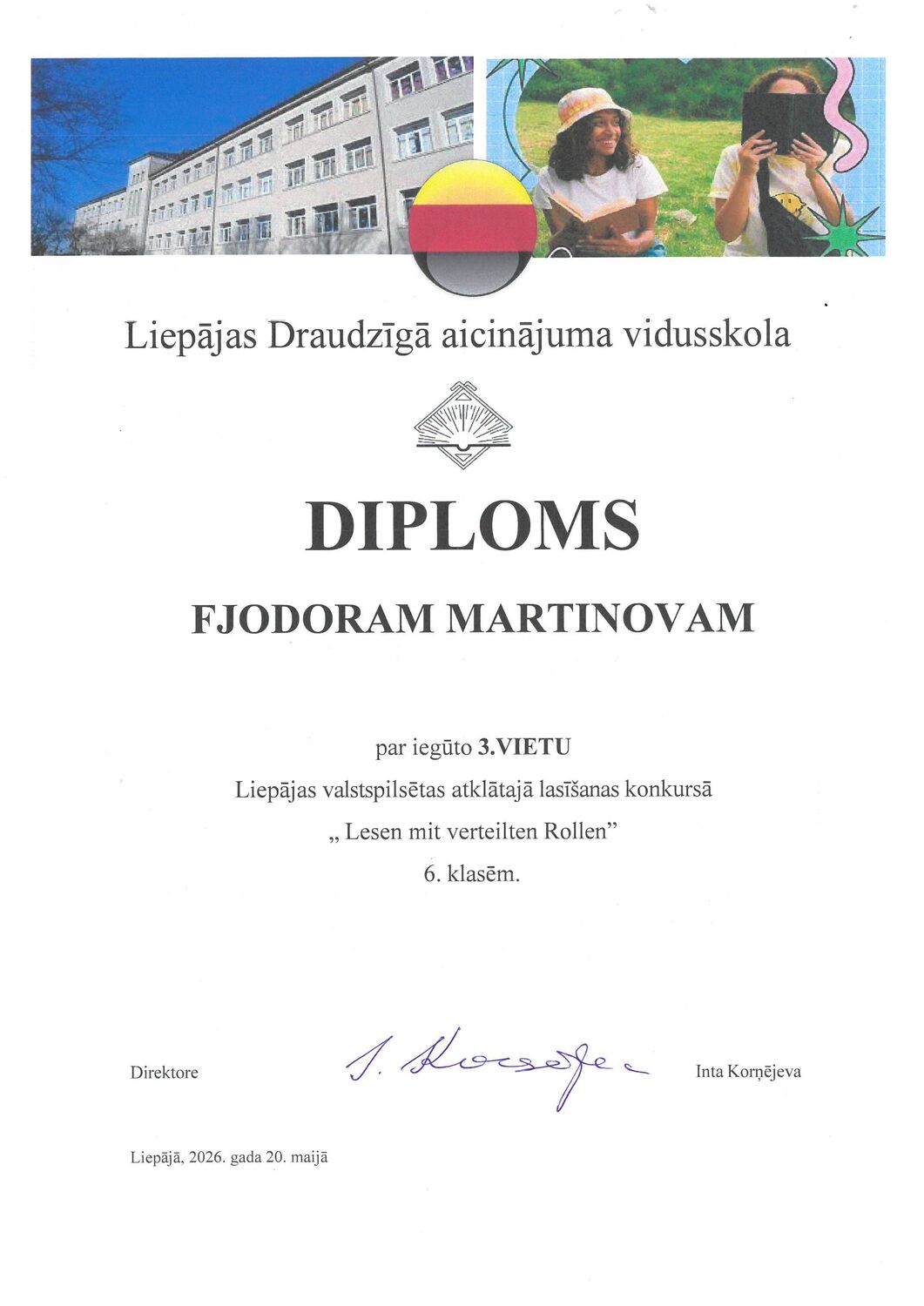 Read more about the article 🥉vietas Liepājas valstspilsētas atklātajā lasīšanas konkursā “Lesen mit verteilen Rollen” 6.klasēm📖